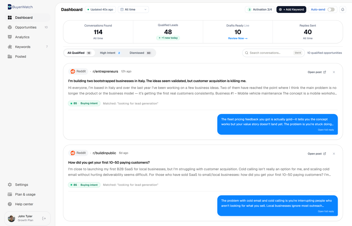 BuyerWatch authentic live workspace showing real B2B buying intent leads