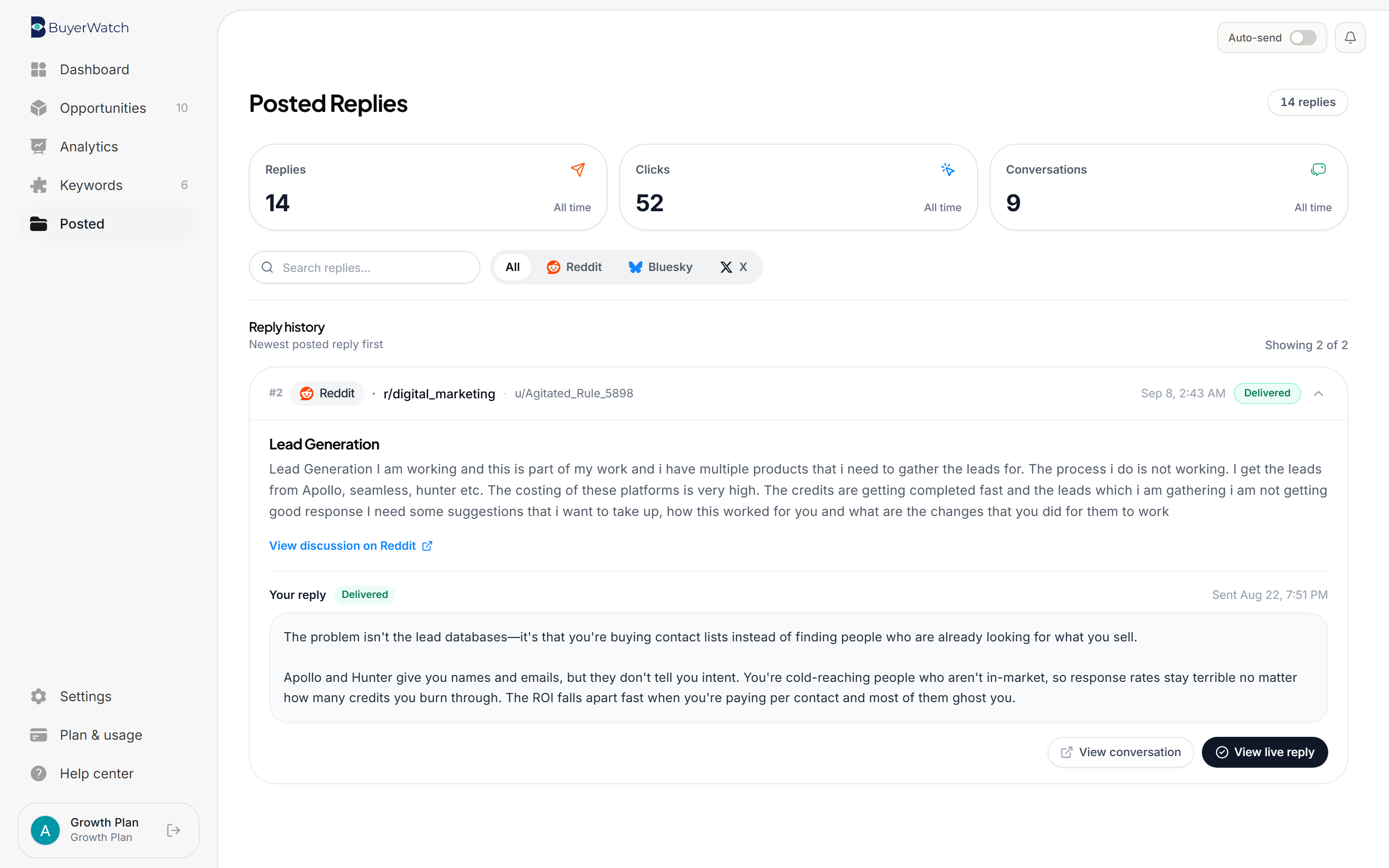 BuyerWatch live reply tracking and spam-protection health